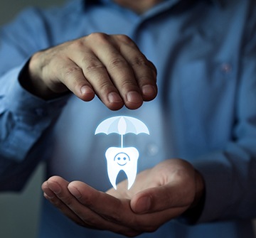 an illustration of a man holding a tooth underneath an umbrella